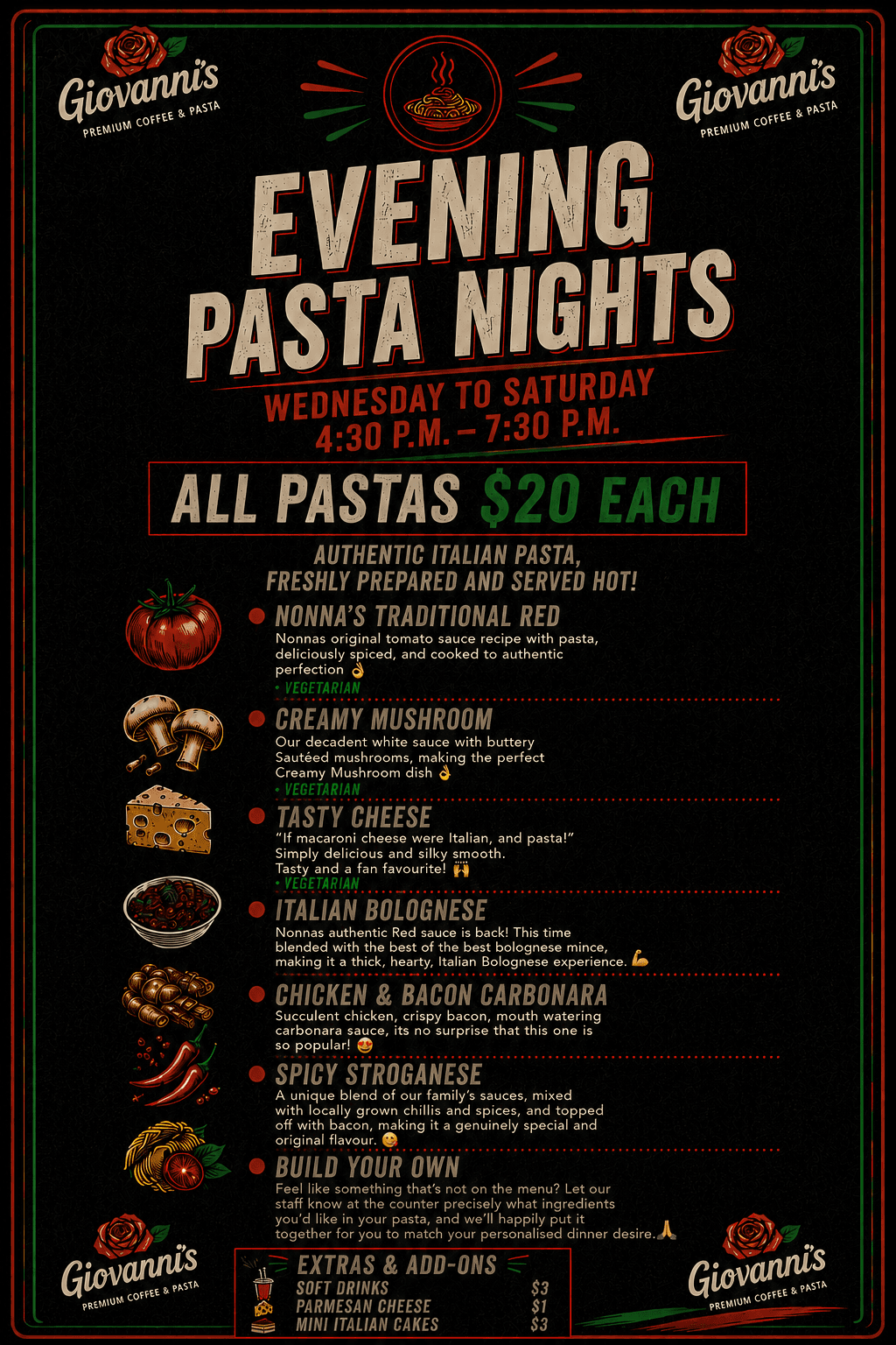 Giovanni's Evening Pasta Nights menu — Wednesday to Saturday 4:30pm to 7:30pm, All Pastas $20 Each