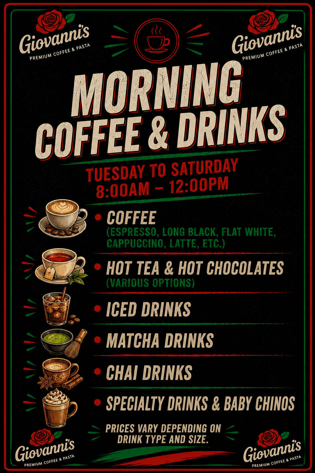 Morning Coffee & Drinks menu – Tuesday to Saturday, 7:30am to 11:30am