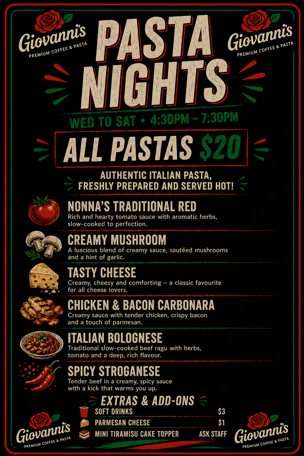 Pasta Nights menu – Wed to Sat, 4:30pm to 7:30pm, all pastas $20